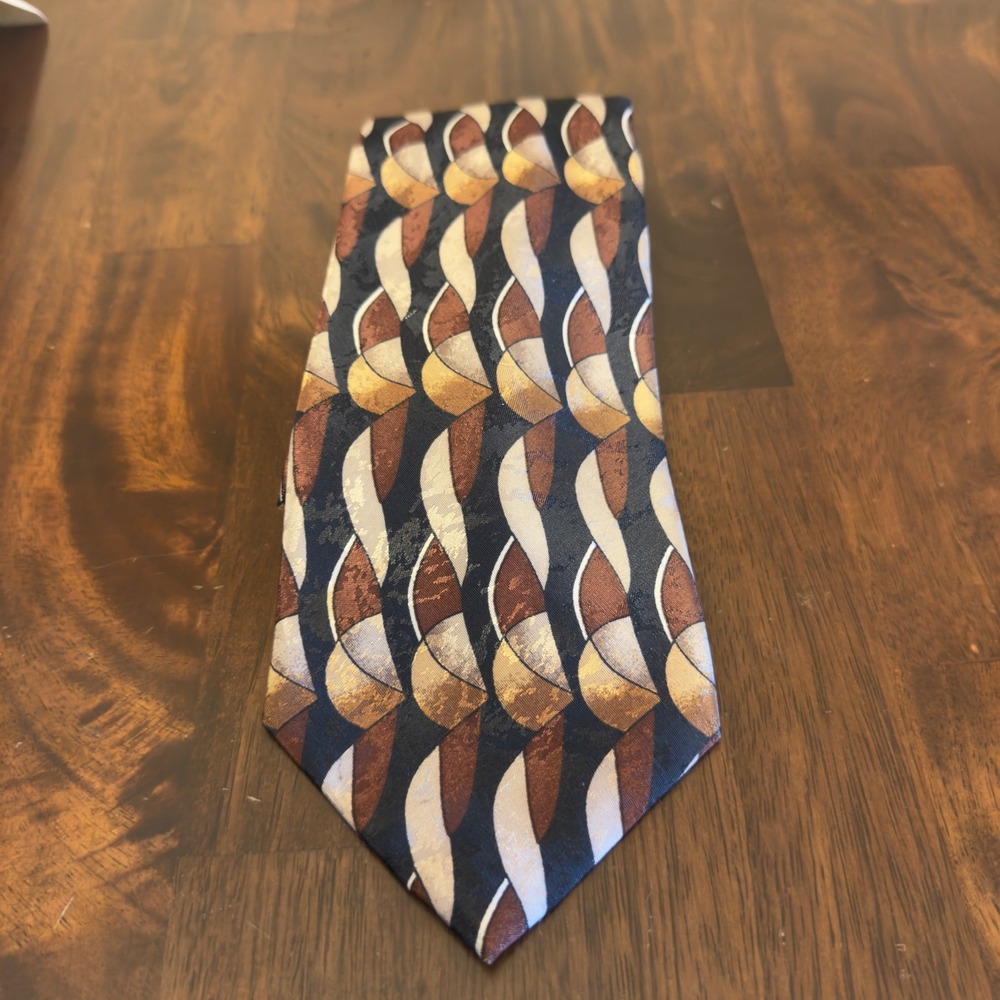 Polo‎ Ralph Lauren Mens Silk Tie Brown Tan Abstract Geometric Pattern Wide Blade